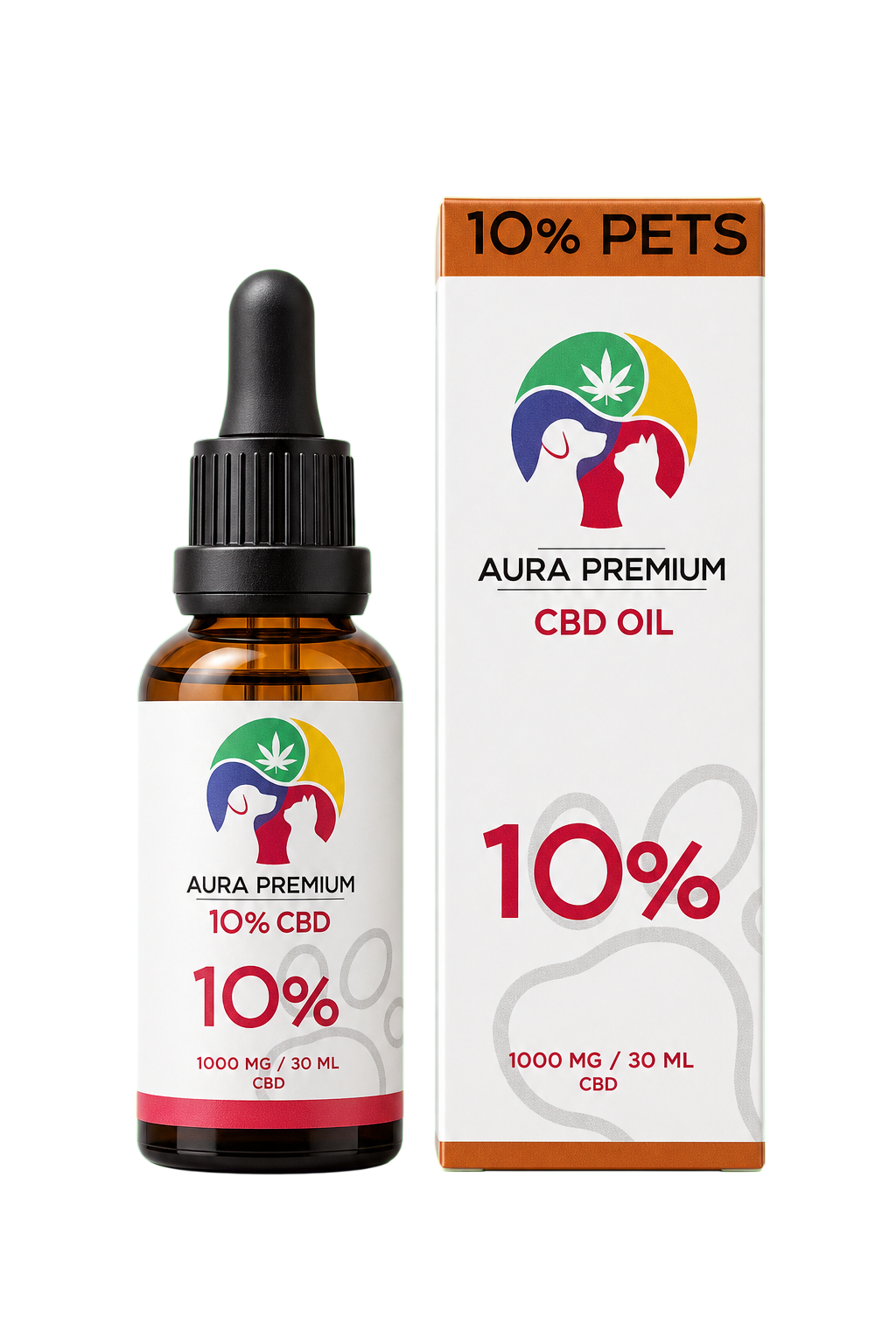 Frasco y caja Aura Premium CBD Oil 10% Pets