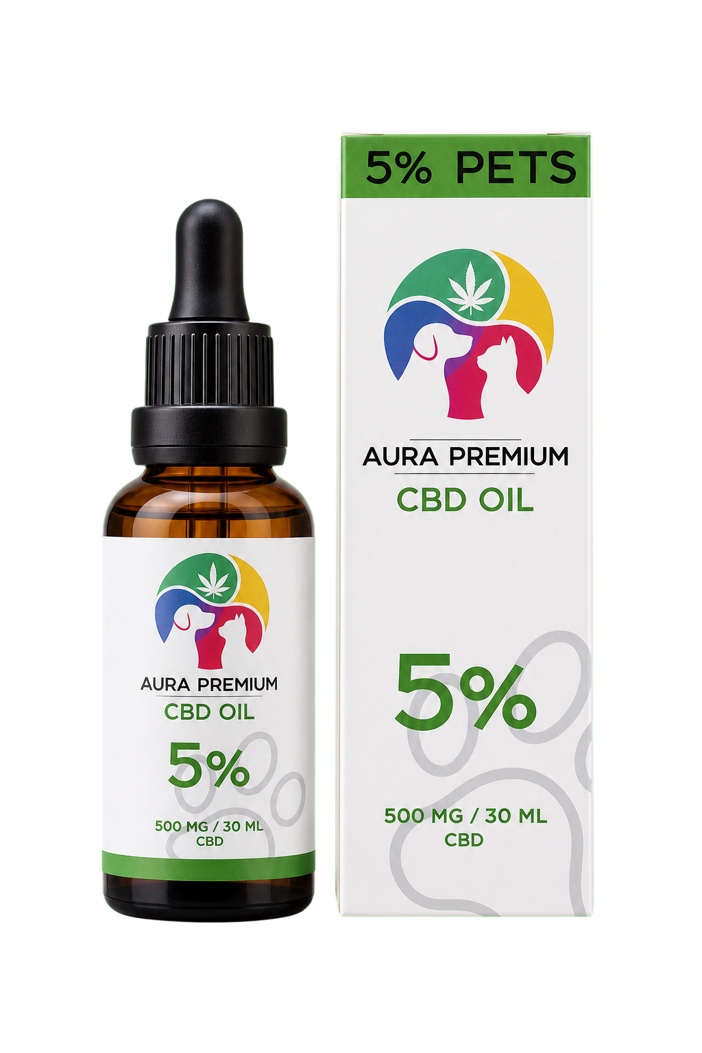 Frasco y caja Aura Premium CBD Oil 5% Pets
